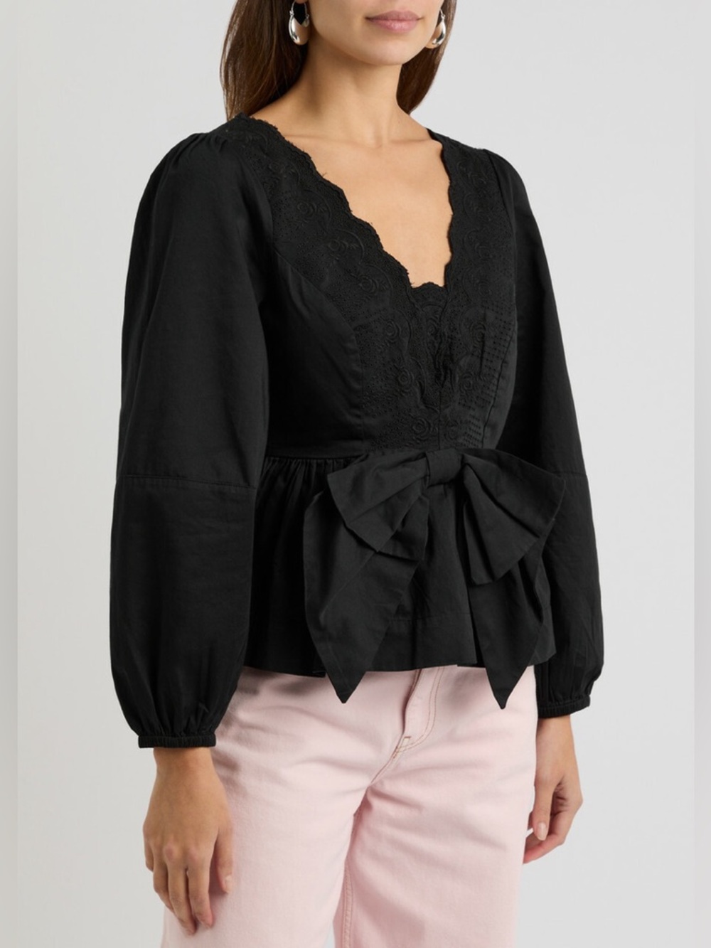 Damson Madder Eugenie Bow-embellished Cotton Blouse Black Size 18 NWT